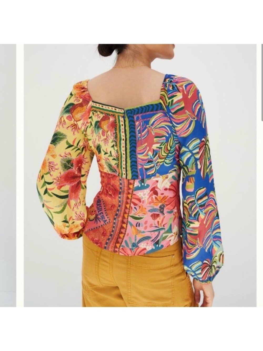 Farm Rio For Anthropologie Floral Patchwork Long Sleeve Blouse S Boho Tropical - Picture 2 of 6